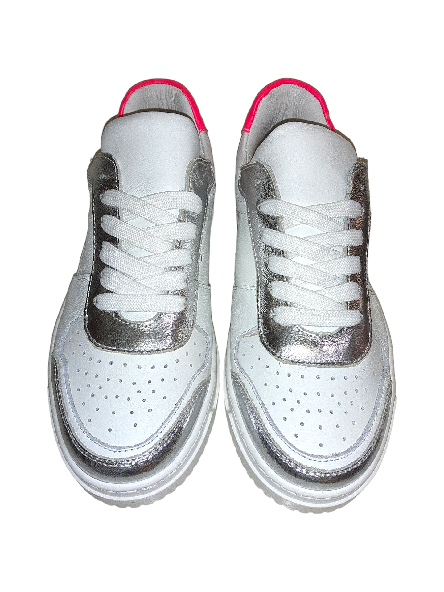 White and silver leather sneakers