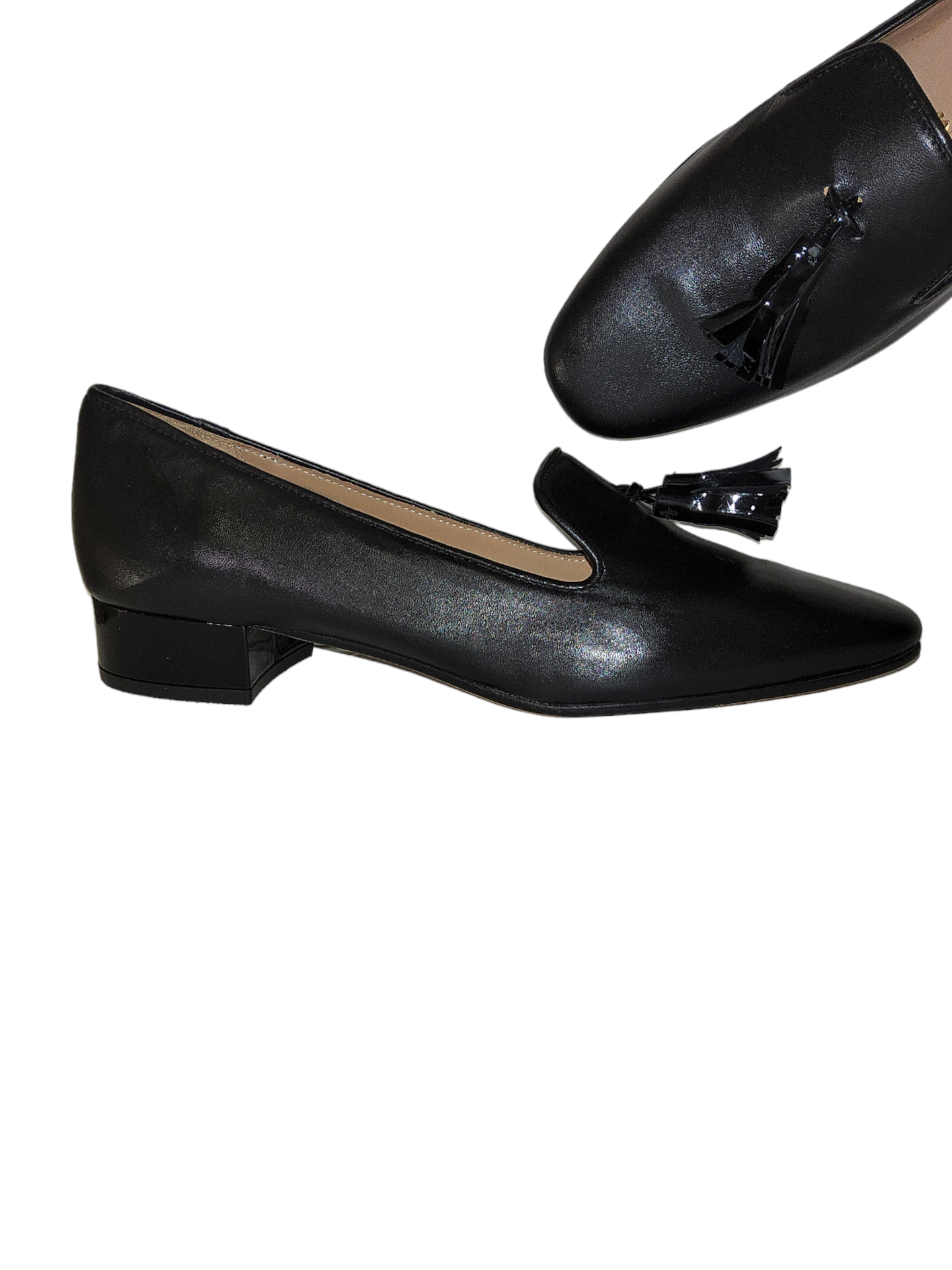 Black leather heeled loafers