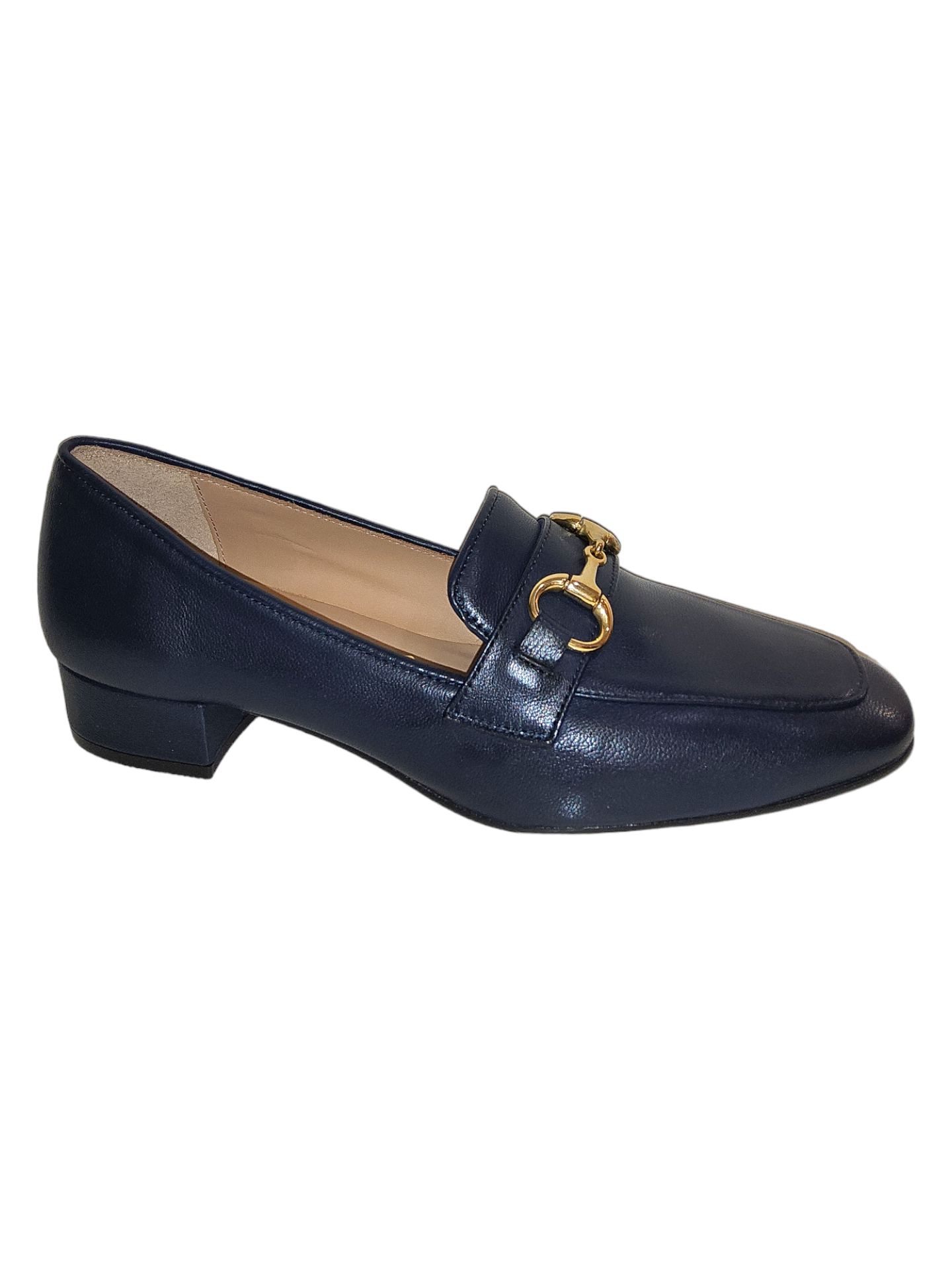Navy leather heeled loafers