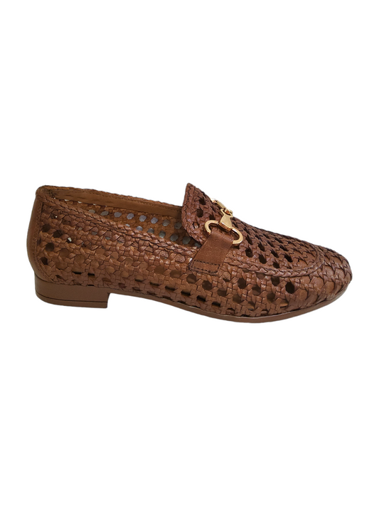 Tan weave leather loafers