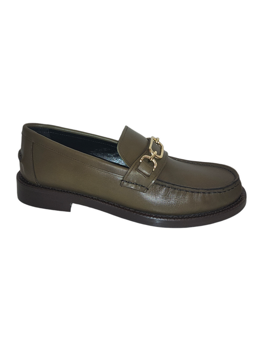 Olive green leather loafers