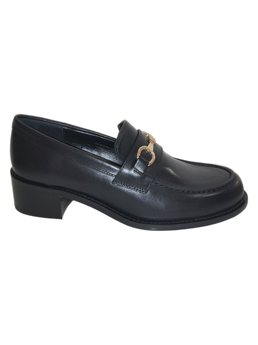 Black leather heeled loafers