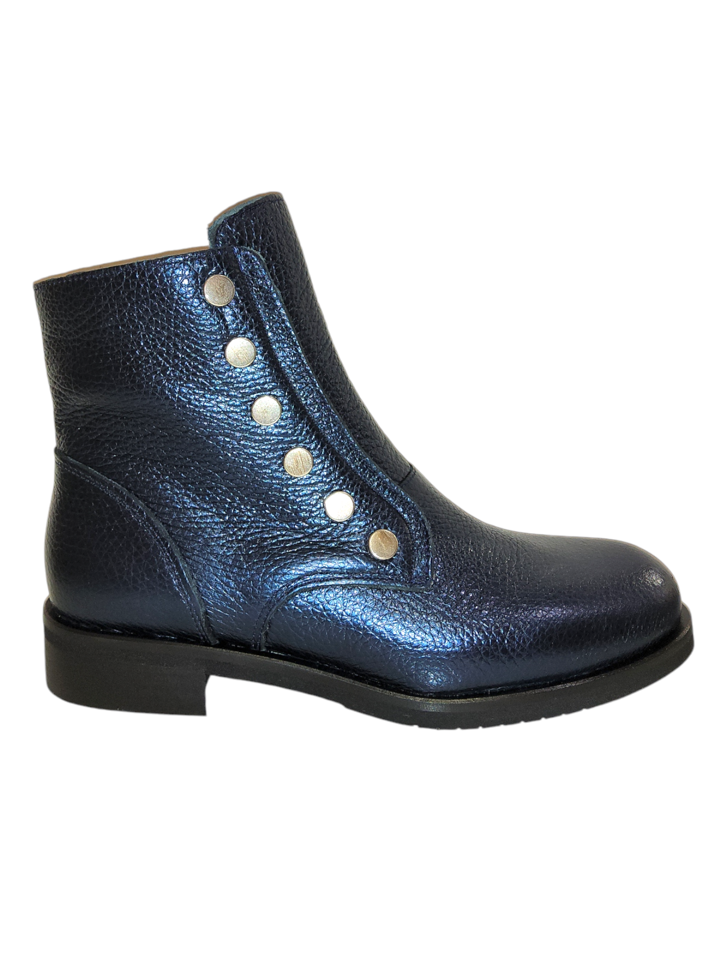 Metallic blue leather ankle boots