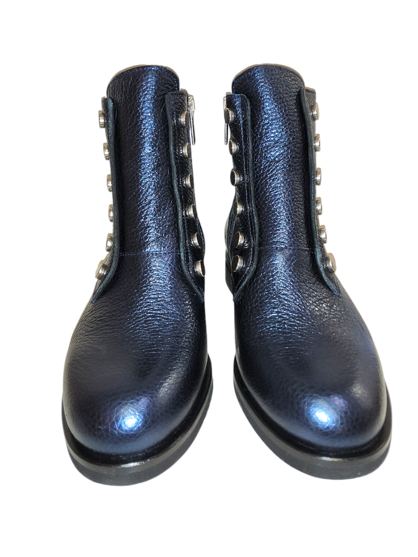 Metallic blue leather ankle boots