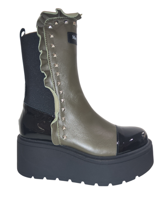 M.Moreo olive green and black leather wedge boots