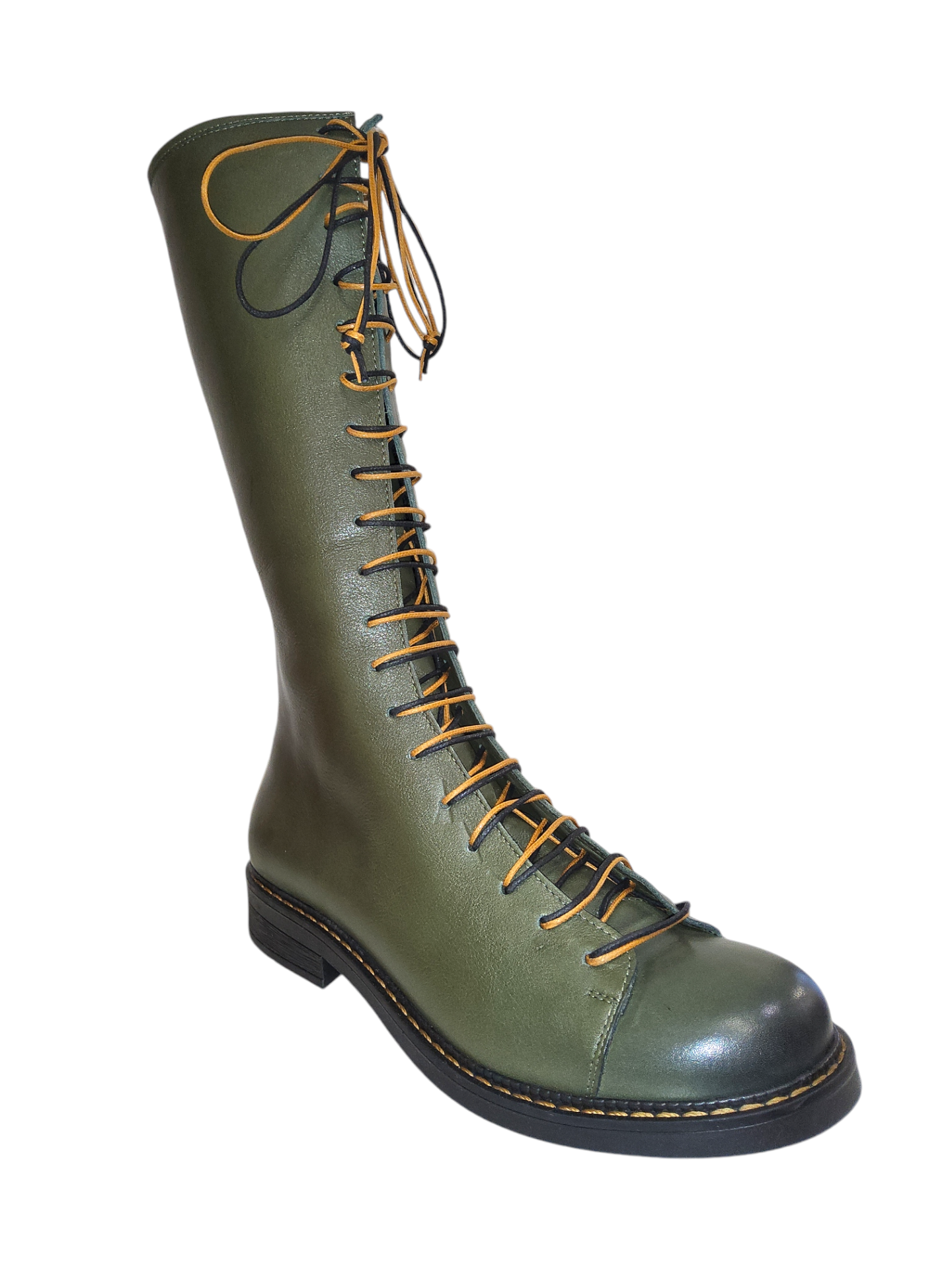 Green leather lace-up ankle boots