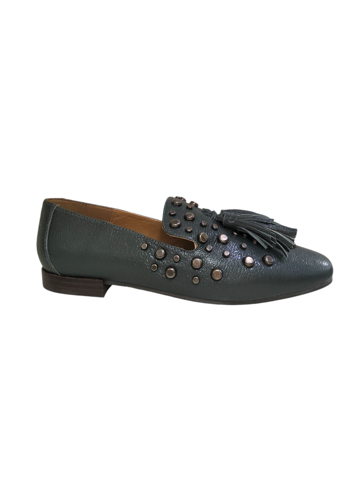 Green leather studded loafers