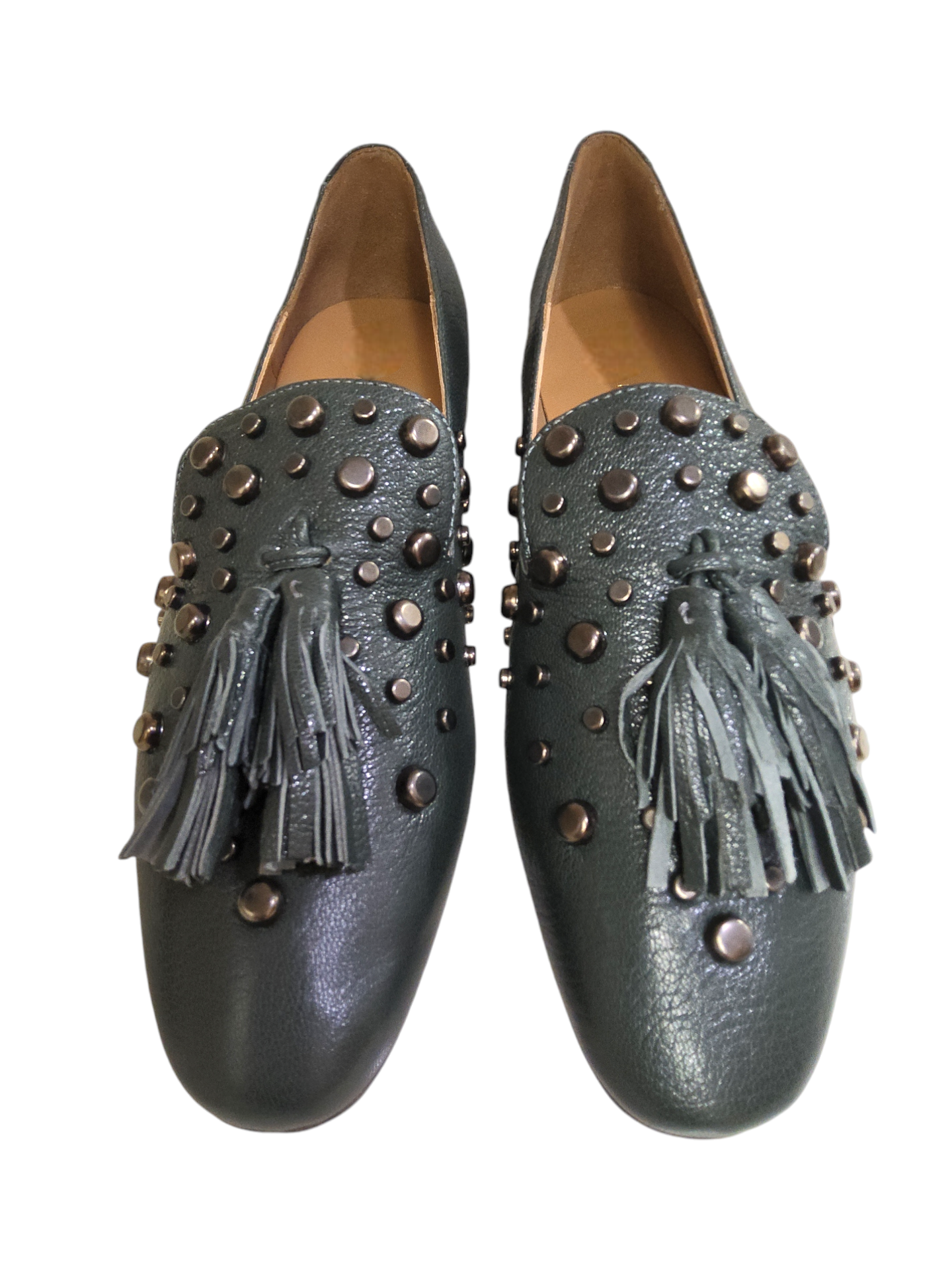 Green leather studded loafers