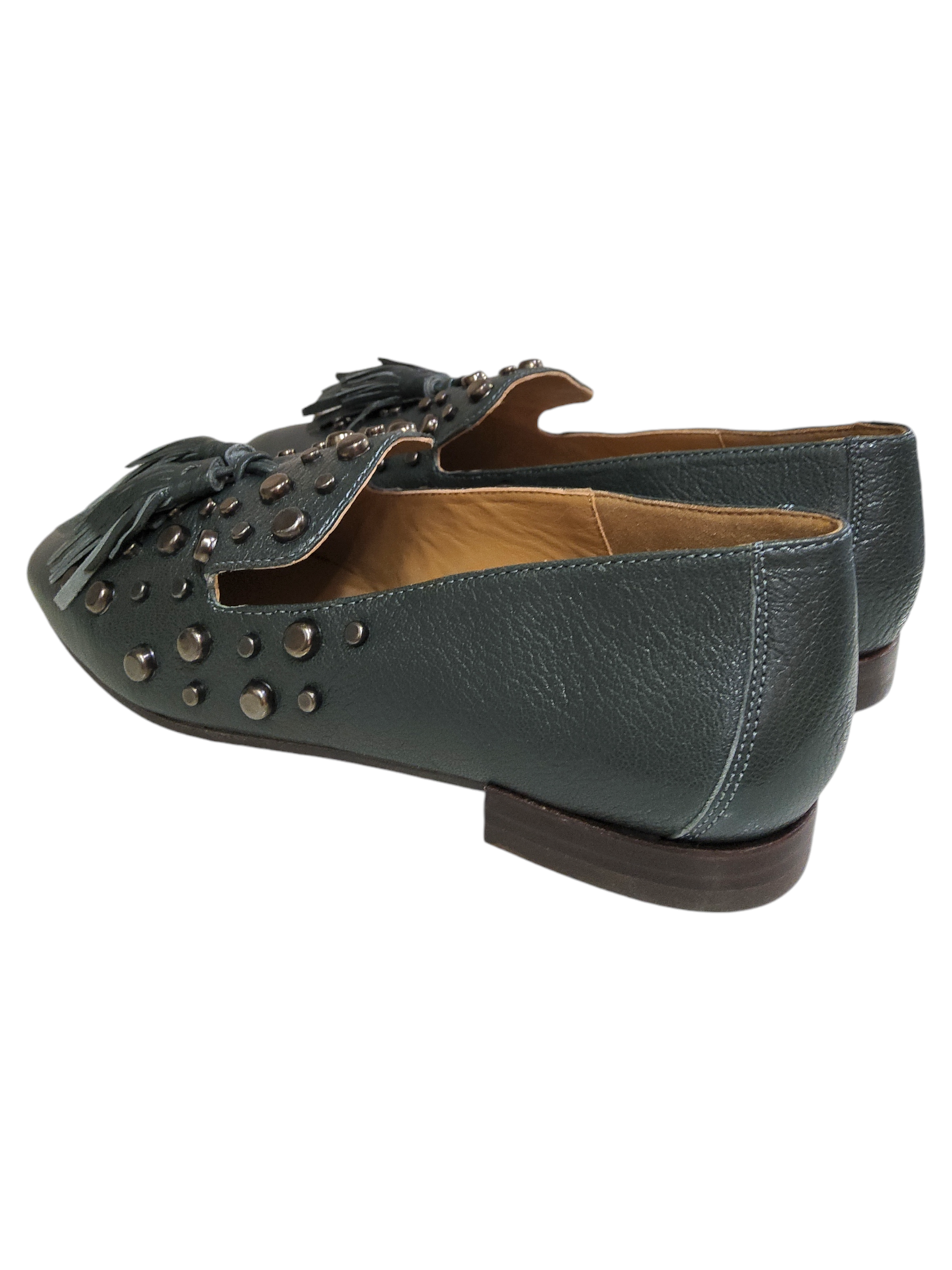 Green leather studded loafers