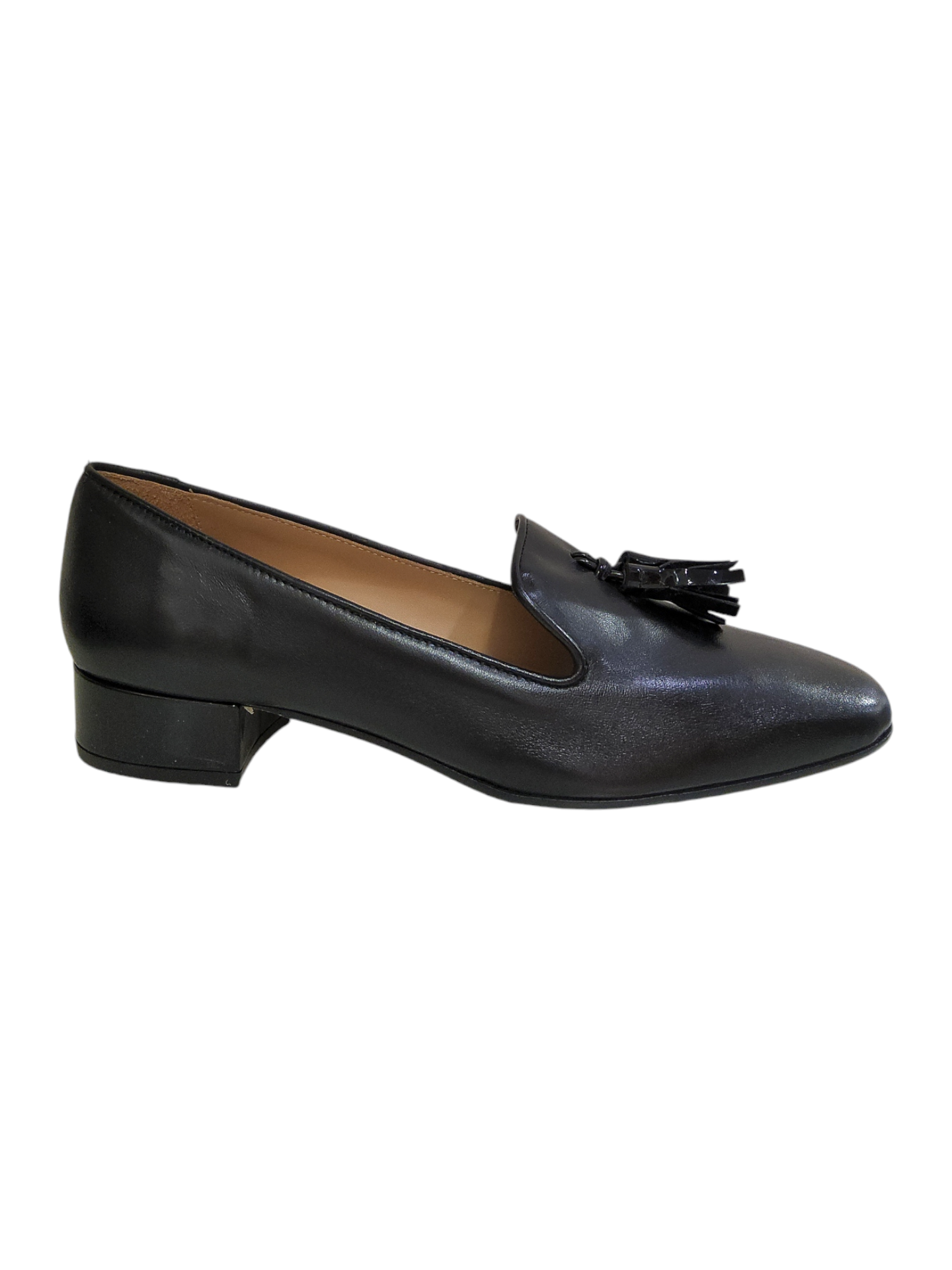 Black leather heeled loafers