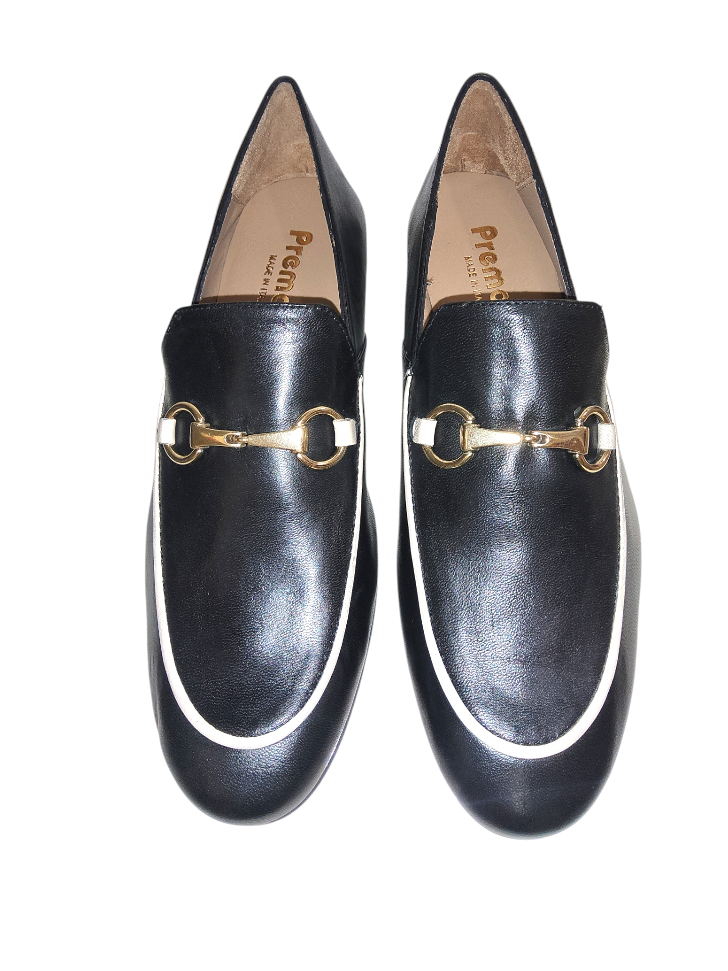 Black and white leather loafers